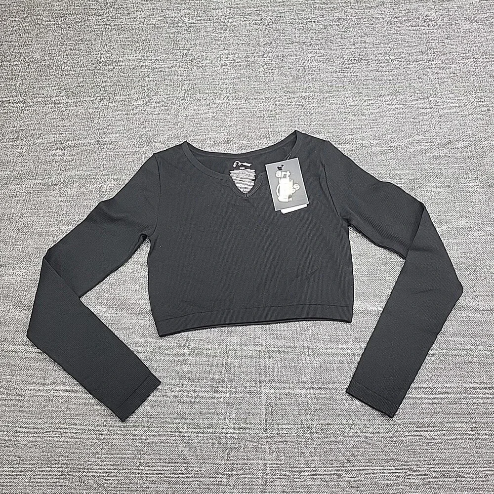 Kids Girls Long Sleeves Casual Notched Neck Tee Shirt Top Medium Size 8 Black